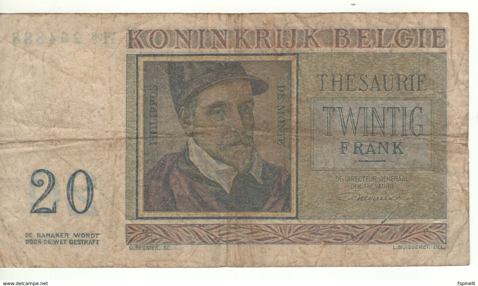 BELGIUM   20 Francs P132b  (Roland De Lassus  Front -Philippus De Monte On Back )  Dated 03.04.1956 - 20 Franchi