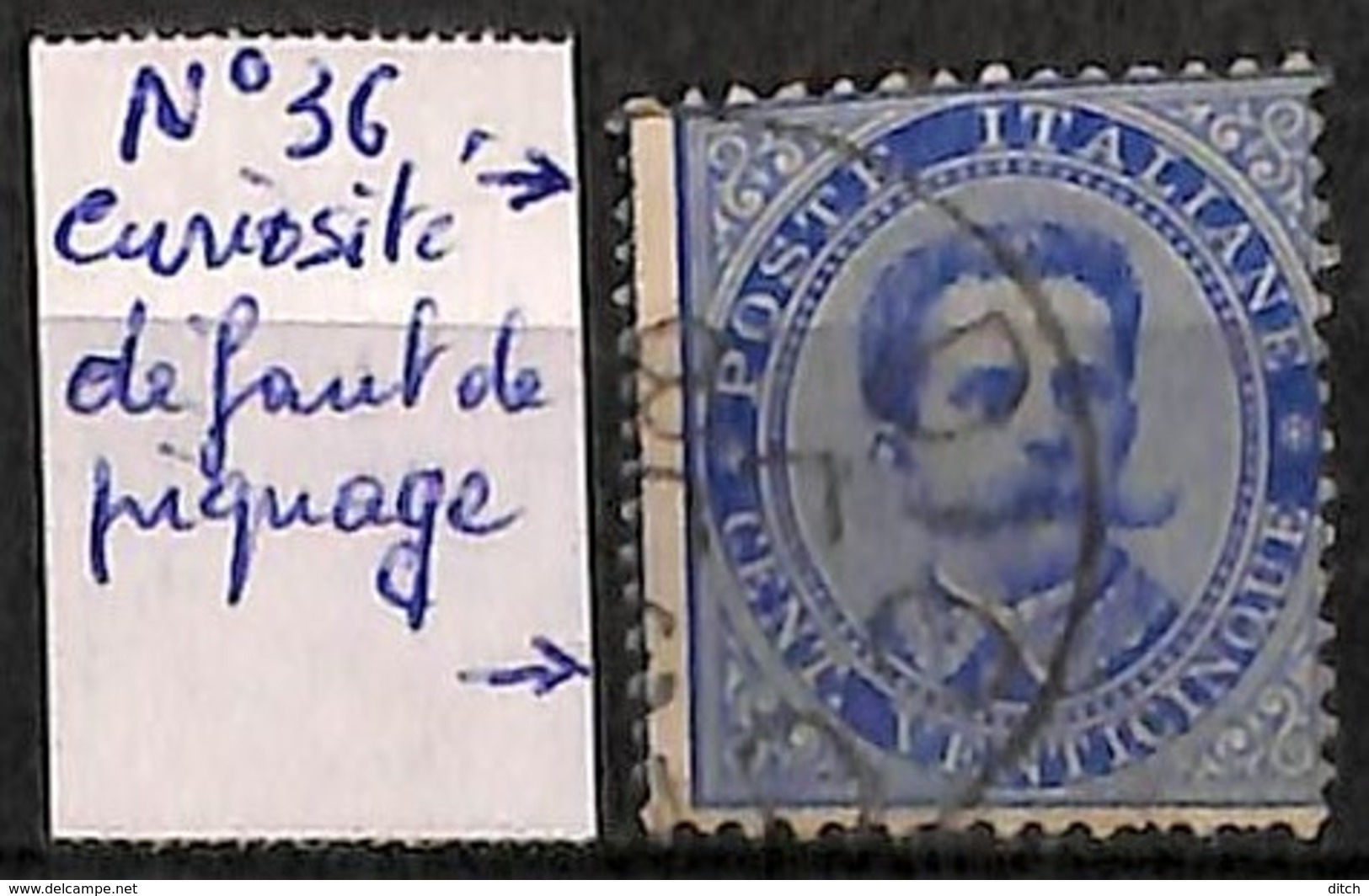 D - [829675]TB//O/Used-Italie 1879 - N° 36-cur, 25c Bleu, Défaut De Piquage, Dentelure Gauche En Couleur, Curiosité - Gebraucht