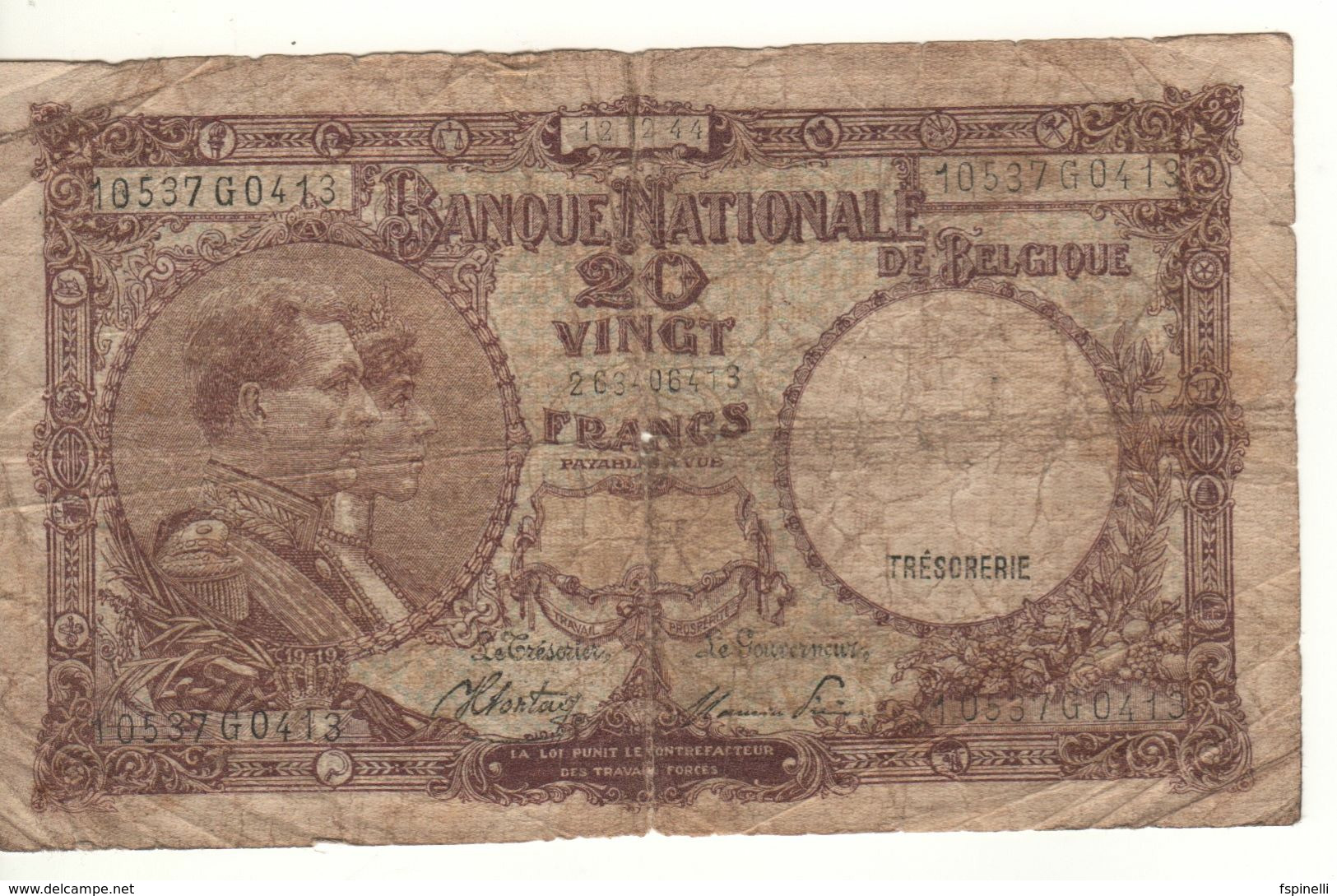 BELGIUM   20 Francs P111  (King Albert, Queen Élisabeth)  Dated 12.02.1944 - 20 Franchi