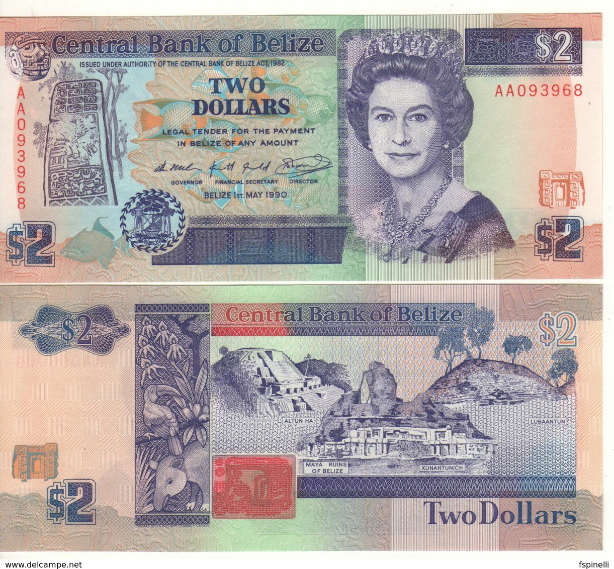 BELIZE  2 Dollars     P52a    ( Queen QElizabeth - Maya Ruins Of Belize ) Dated 1. May.1990 - Belize