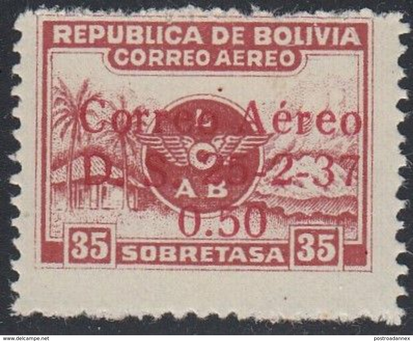 Bolivia, Scott #C54, Mint Never Hinged, Emblem Of Lloyd Aereo Boliviano Surcharged, Issued 1937 - Bolivië