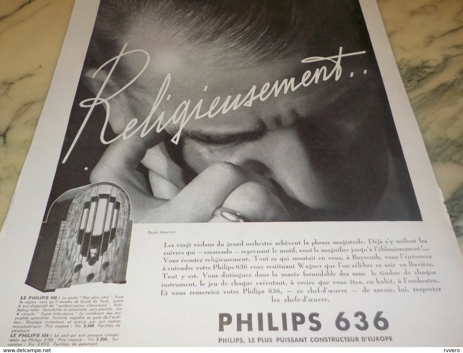 ANCIENNE PUBLICITE RELIGIEUSEMENTS PHILIPS 636 POSTE RADIO 1934 - Sonstige & Ohne Zuordnung