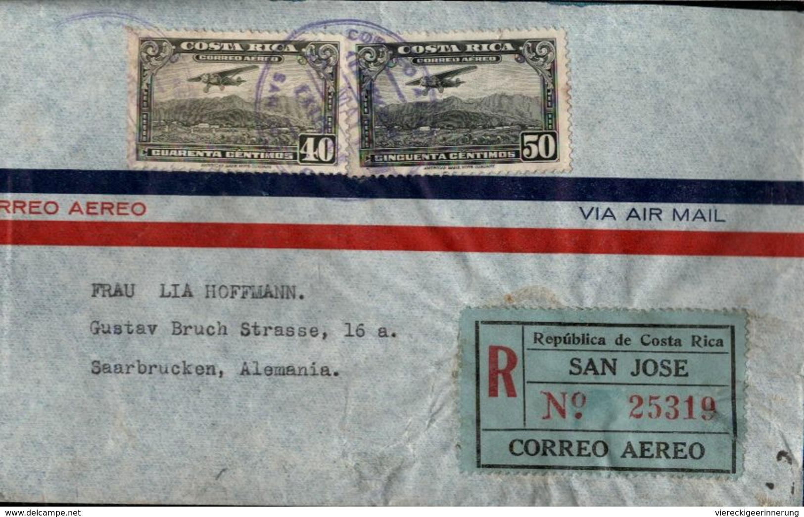 ! Einschreiben, Recommande, Registered Letter, Luftpostbrief 1937 Aus Costa Rica Nach Saarbrücken, Devisenüberwachung - Costa Rica