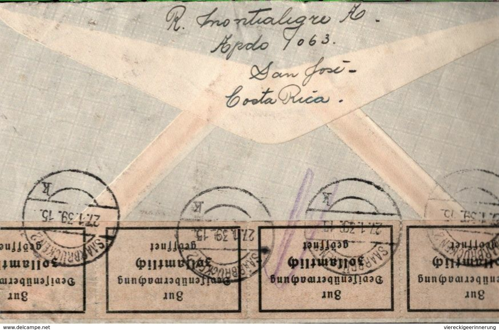 ! Luftpostbrief 1939 Aus Costa Rica Nach Saarbrücken,  Devisenüberwachung - Costa Rica