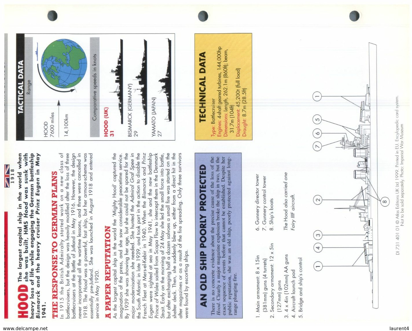(25 X 19 Cm) (10-9-2020) - N - Photo And Info Sheet On Warship - UK Navy - HMS Hood - Bateaux