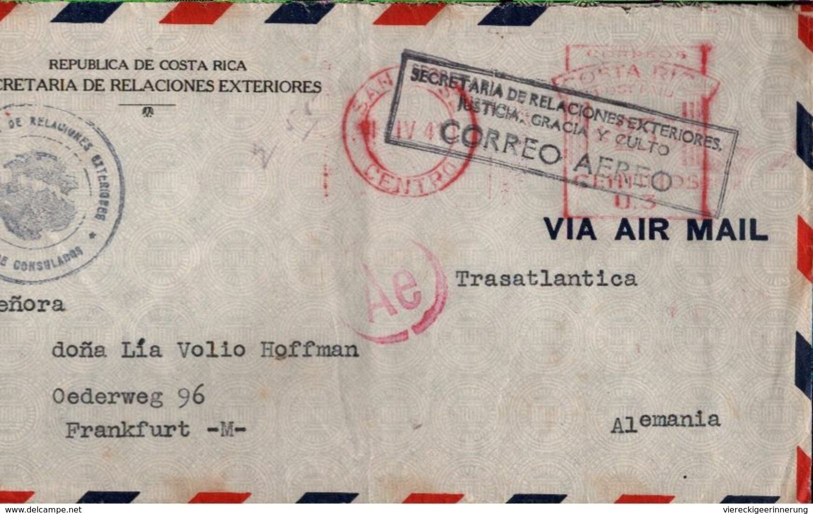 ! Meter Cancel Cover 1941, Costa Rica Nach Frankfurt A.M.,  Zensur, Censure, Censor - Costa Rica