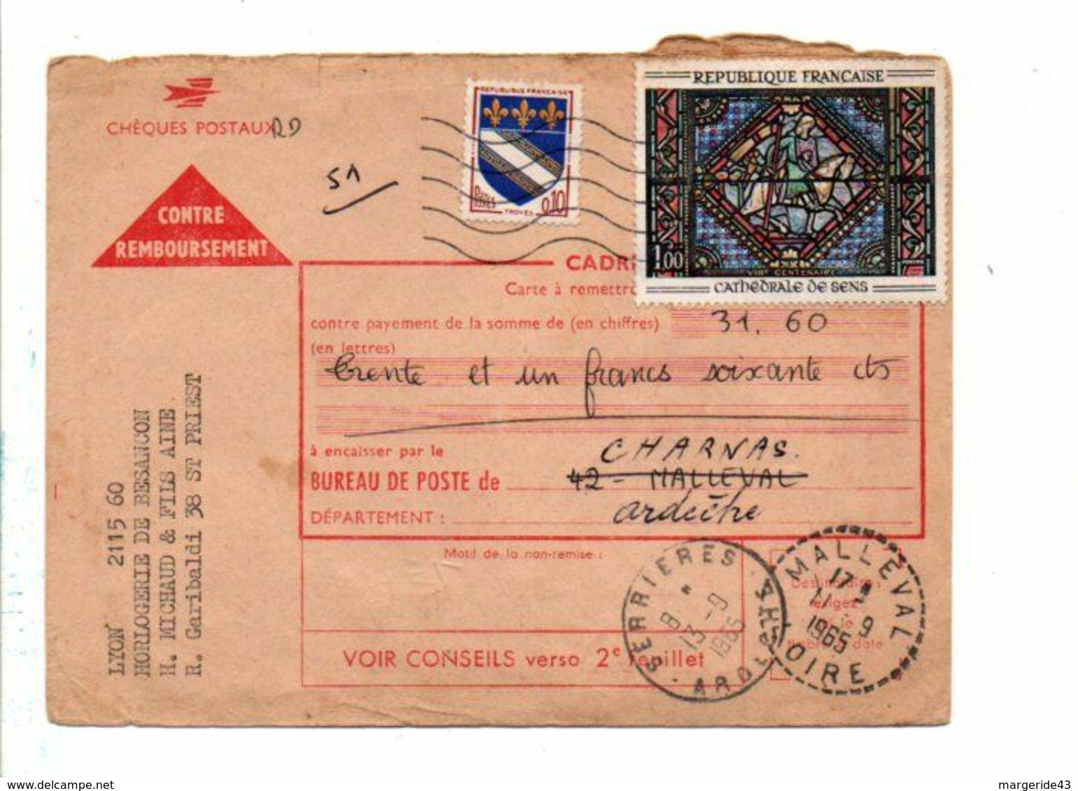 AVIS REMBOURSEMENT POUR MALLEVAL (LOIRE) PAR SERRIERES (ARDECHE) 1965 - 1961-....
