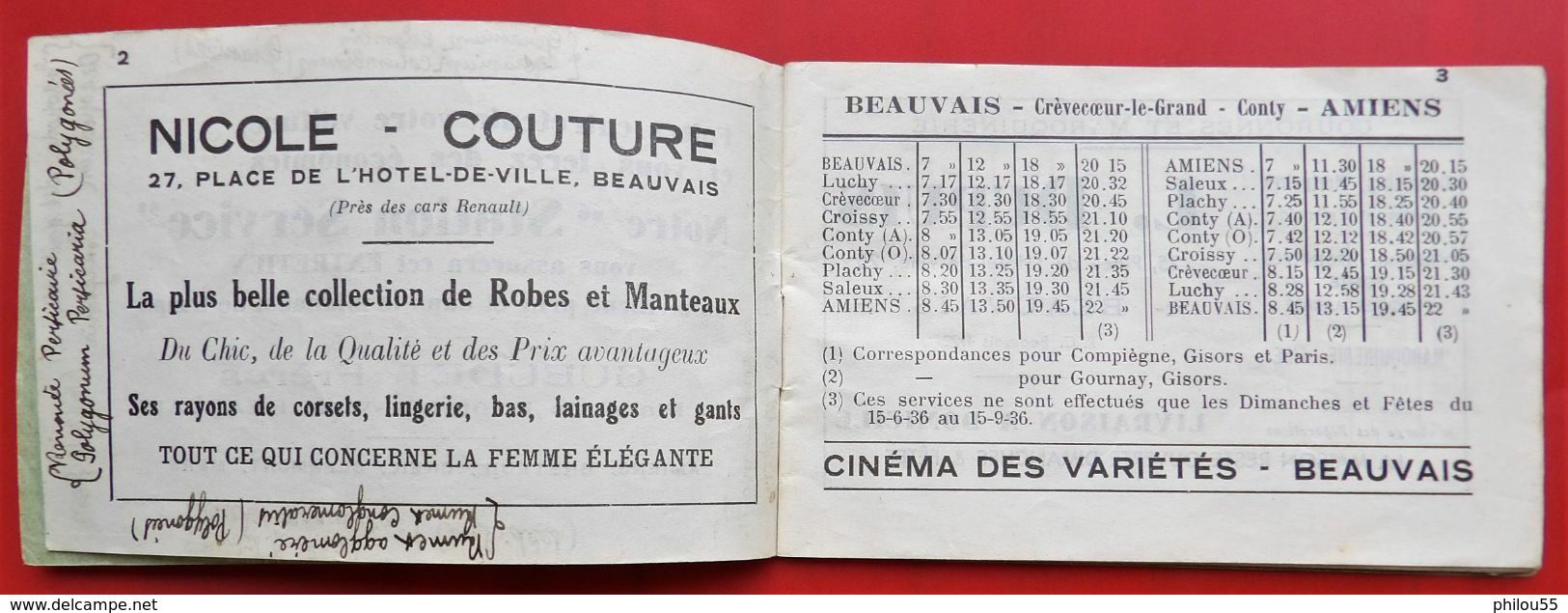 60 BEAUVAIS Horaire des AUTOCARS C.A.P.  A.R.O. 1936 + PUB Commerces