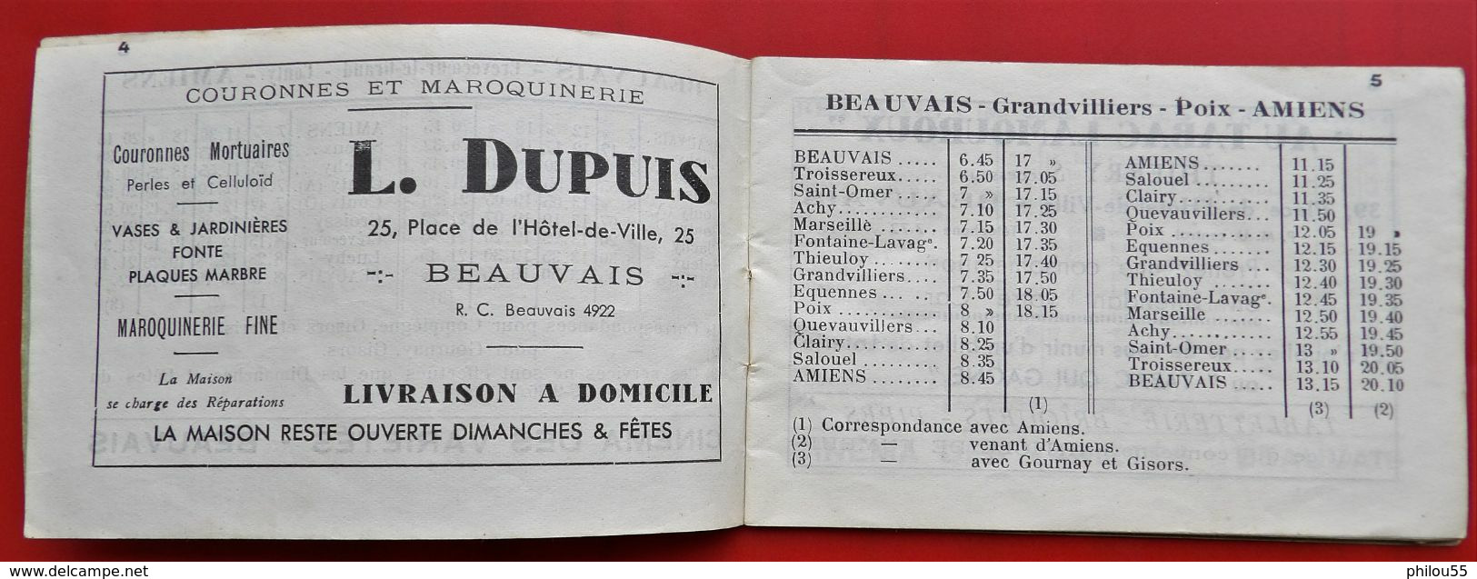 60 BEAUVAIS Horaire des AUTOCARS C.A.P.  A.R.O. 1936 + PUB Commerces