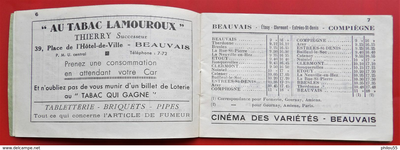 60 BEAUVAIS Horaire des AUTOCARS C.A.P.  A.R.O. 1936 + PUB Commerces