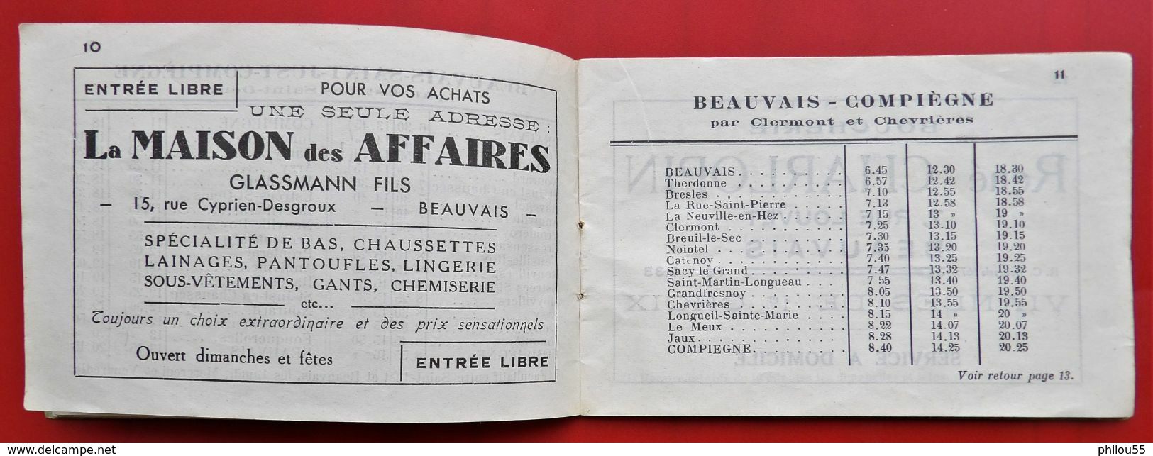 60 BEAUVAIS Horaire des AUTOCARS C.A.P.  A.R.O. 1936 + PUB Commerces