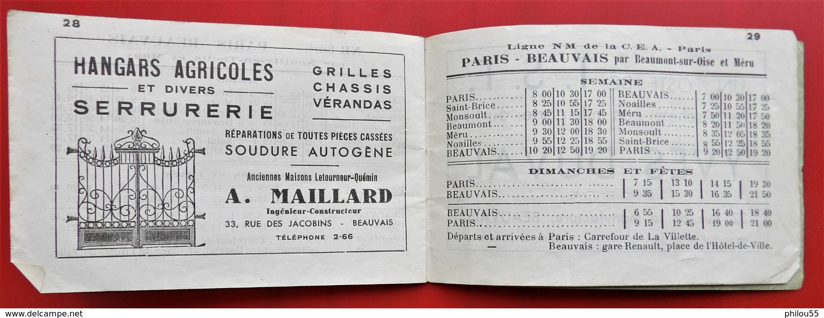 60 BEAUVAIS Horaire des AUTOCARS C.A.P.  A.R.O. 1936 + PUB Commerces