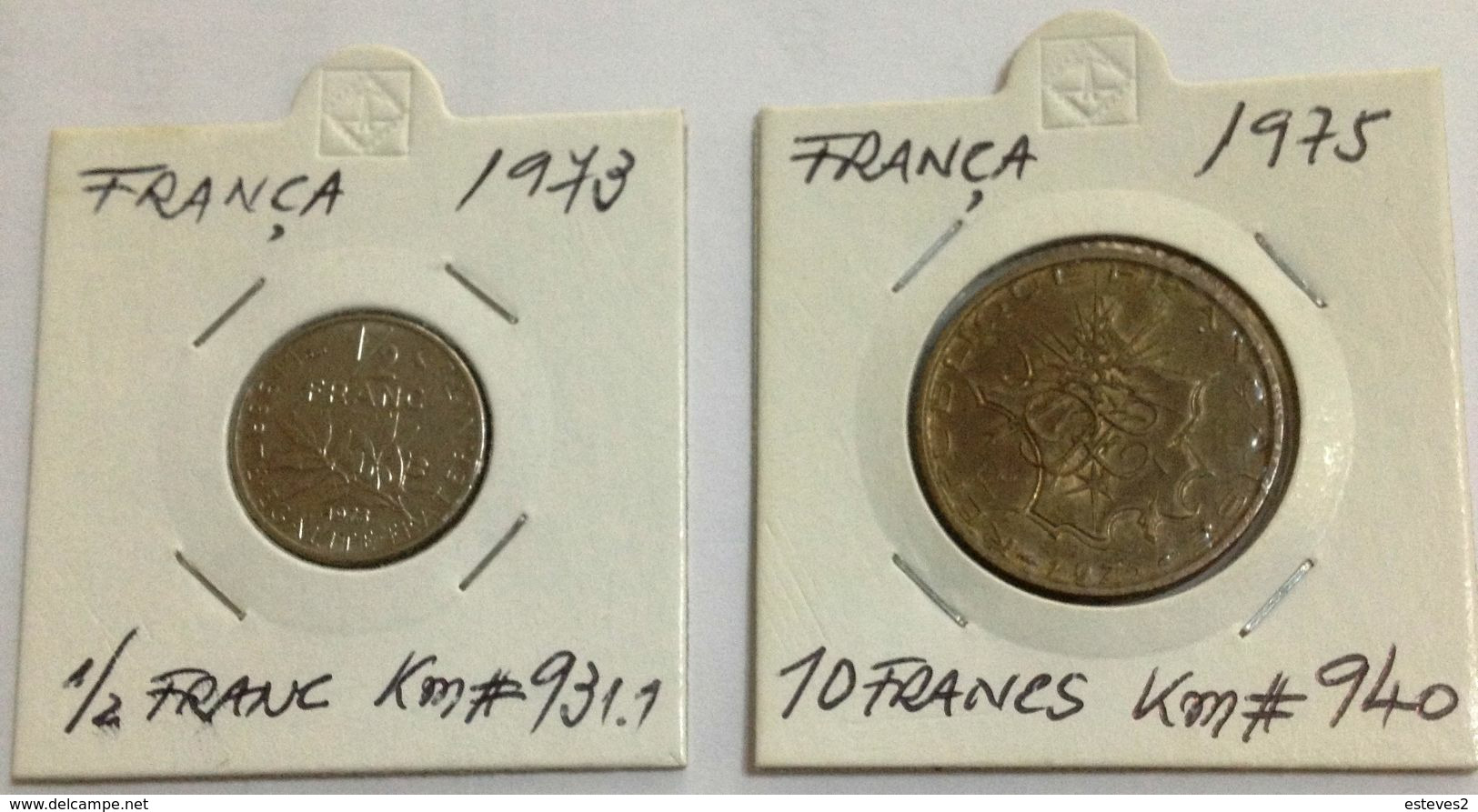 France , 1973 1/2 Franc KM 931.1 + 1975 10 Francs KM 940 , Used Coins - Andere & Zonder Classificatie