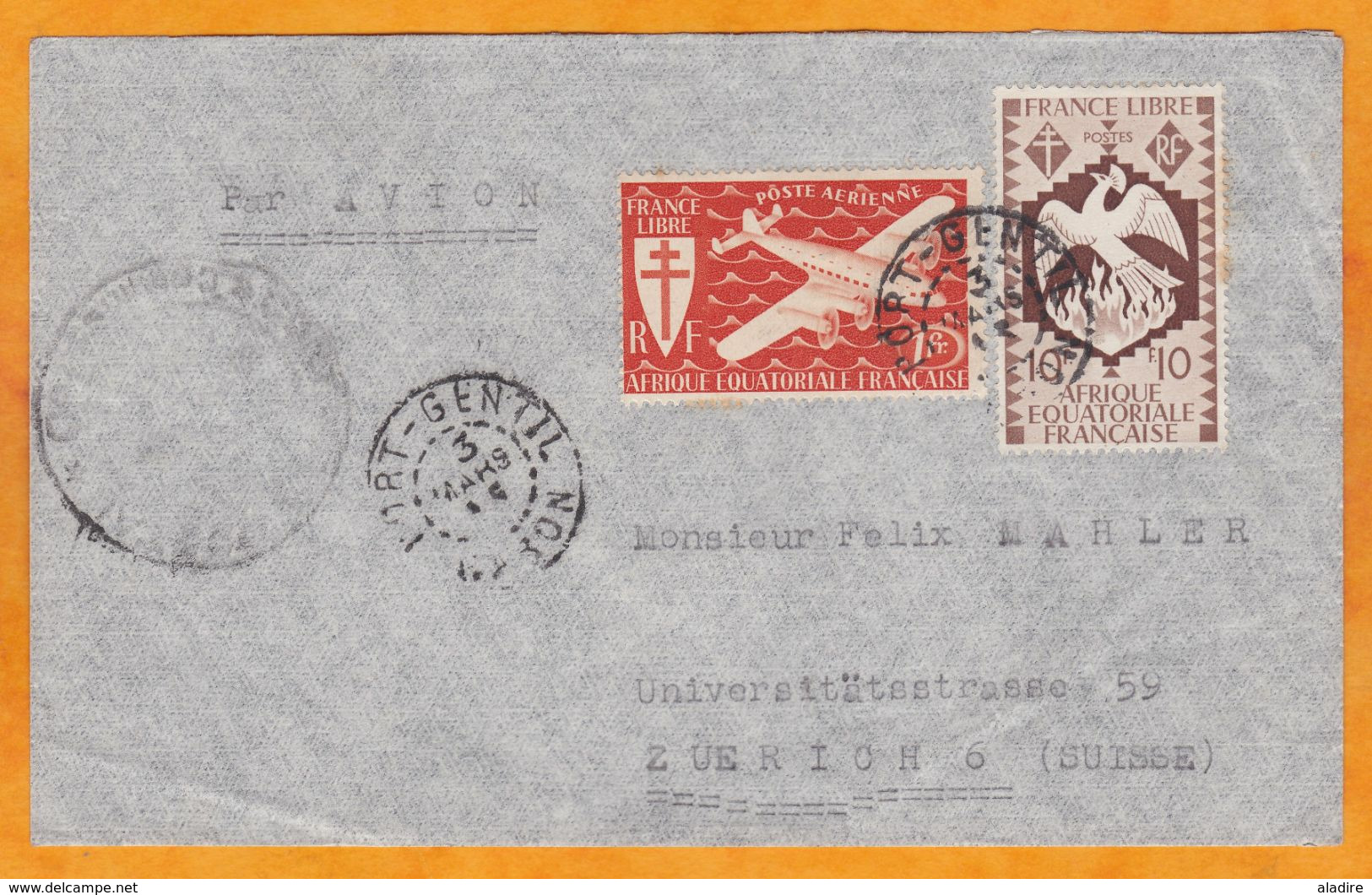 1943 - Enveloppe Par Avion De Port Gentil, Gabon Vers Zurich, Suisse - France Libre (2e Guerre Mondiale) - Censure - Covers & Documents