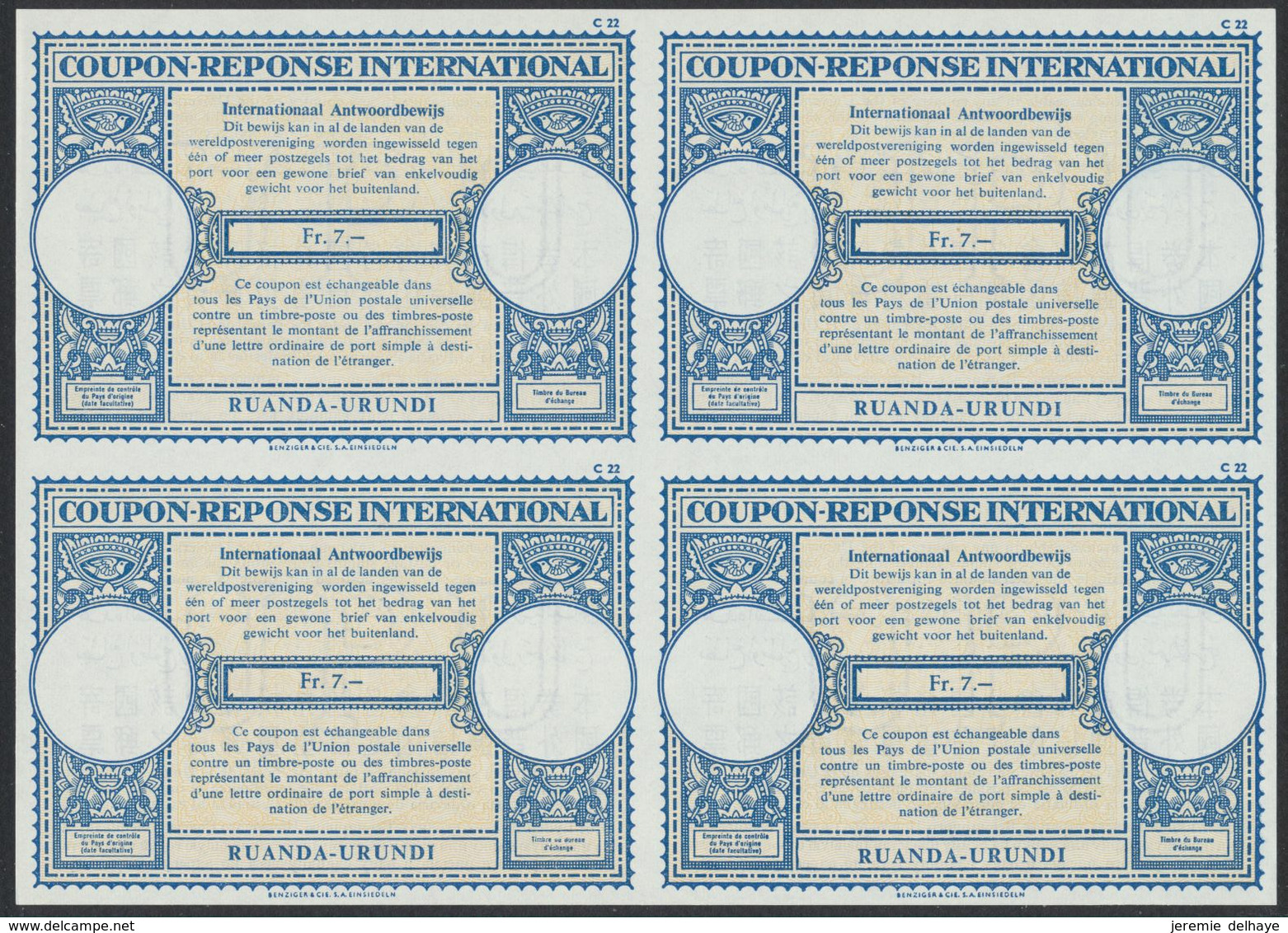 Ruanda-Urundi - Coupon-réponse International (CRI) : Modèle De Londres (Décembre 1960) : Bloc De 4 Non Découpés, Neuf RR - Entiers Postaux