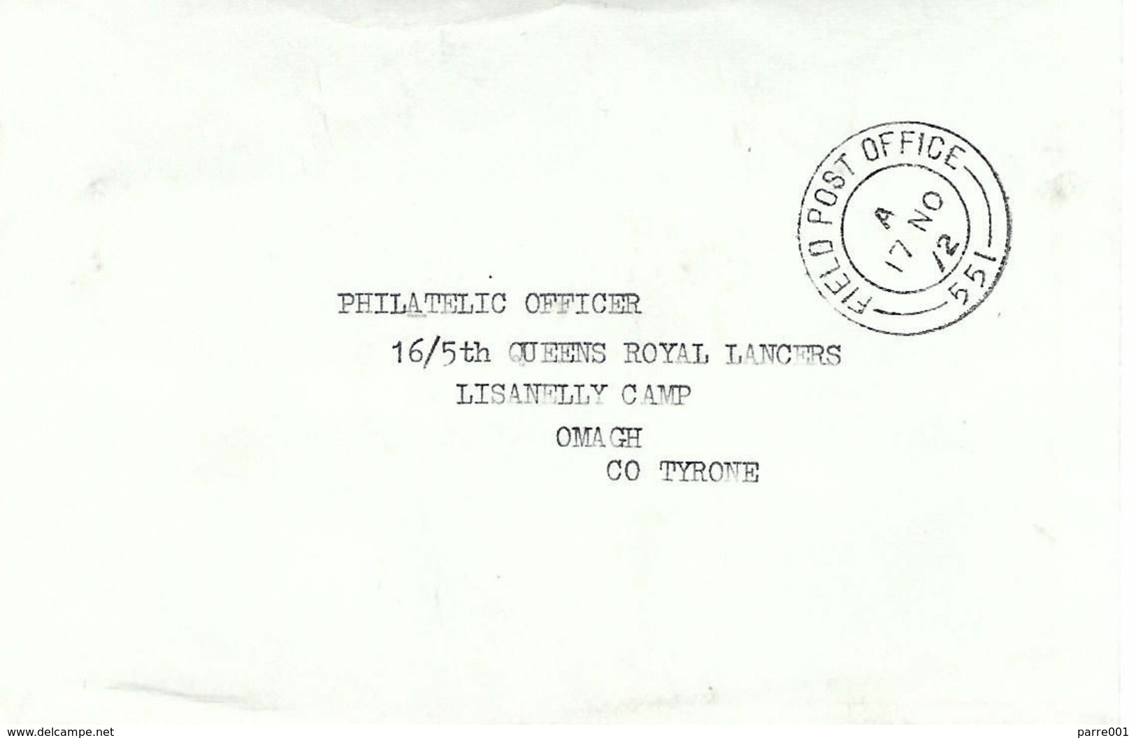Northern Ireland UK 1972 FPO 551 Londonderry IRA Campaign 16/5th Queens Royal Lancers Lisanelly Camp Forces Cover - Militaria