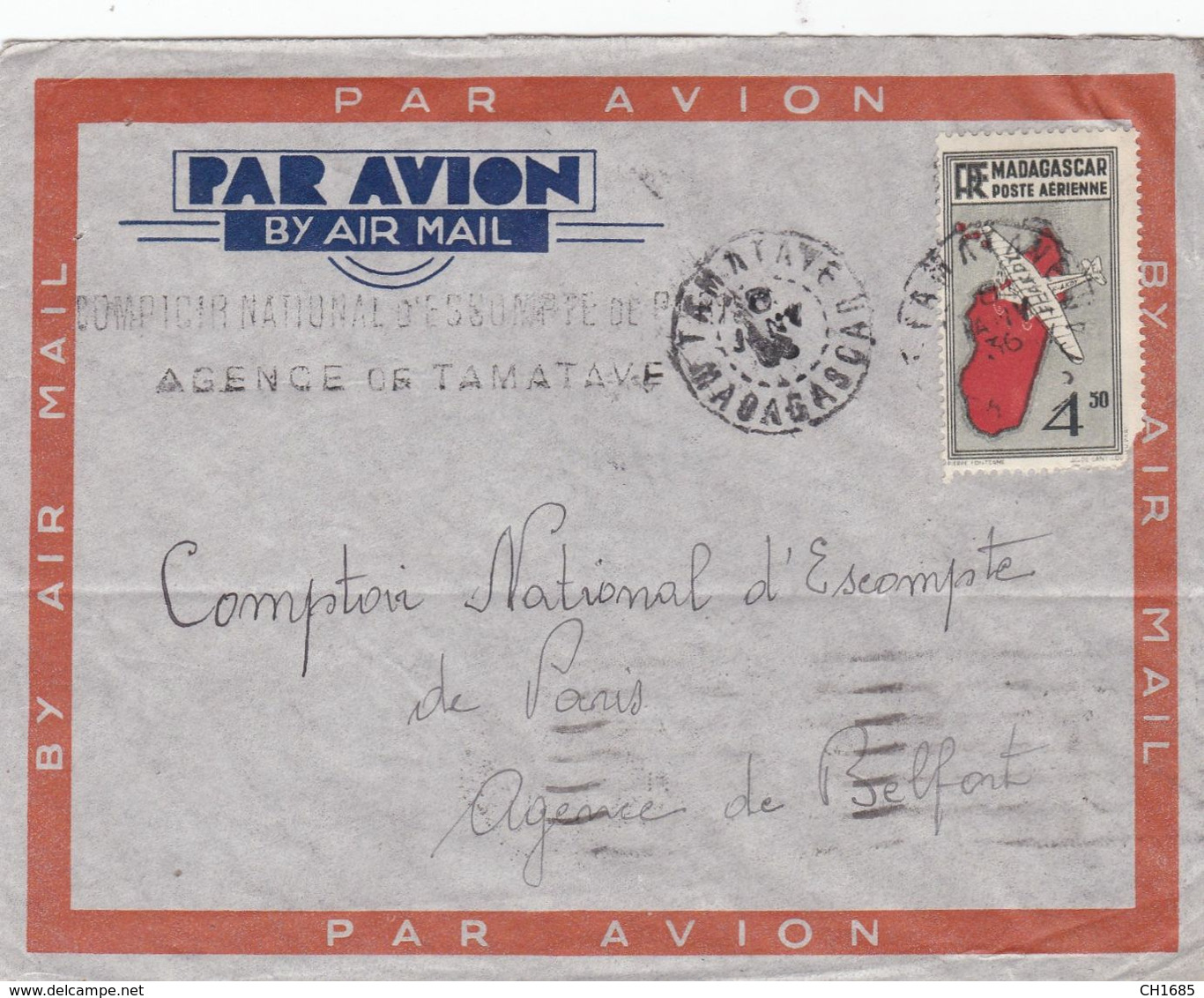 MADAGASCAR : Lettre Par Avion Du Comptoir National D'escompte De Tamatave Pour Belfort - Covers & Documents