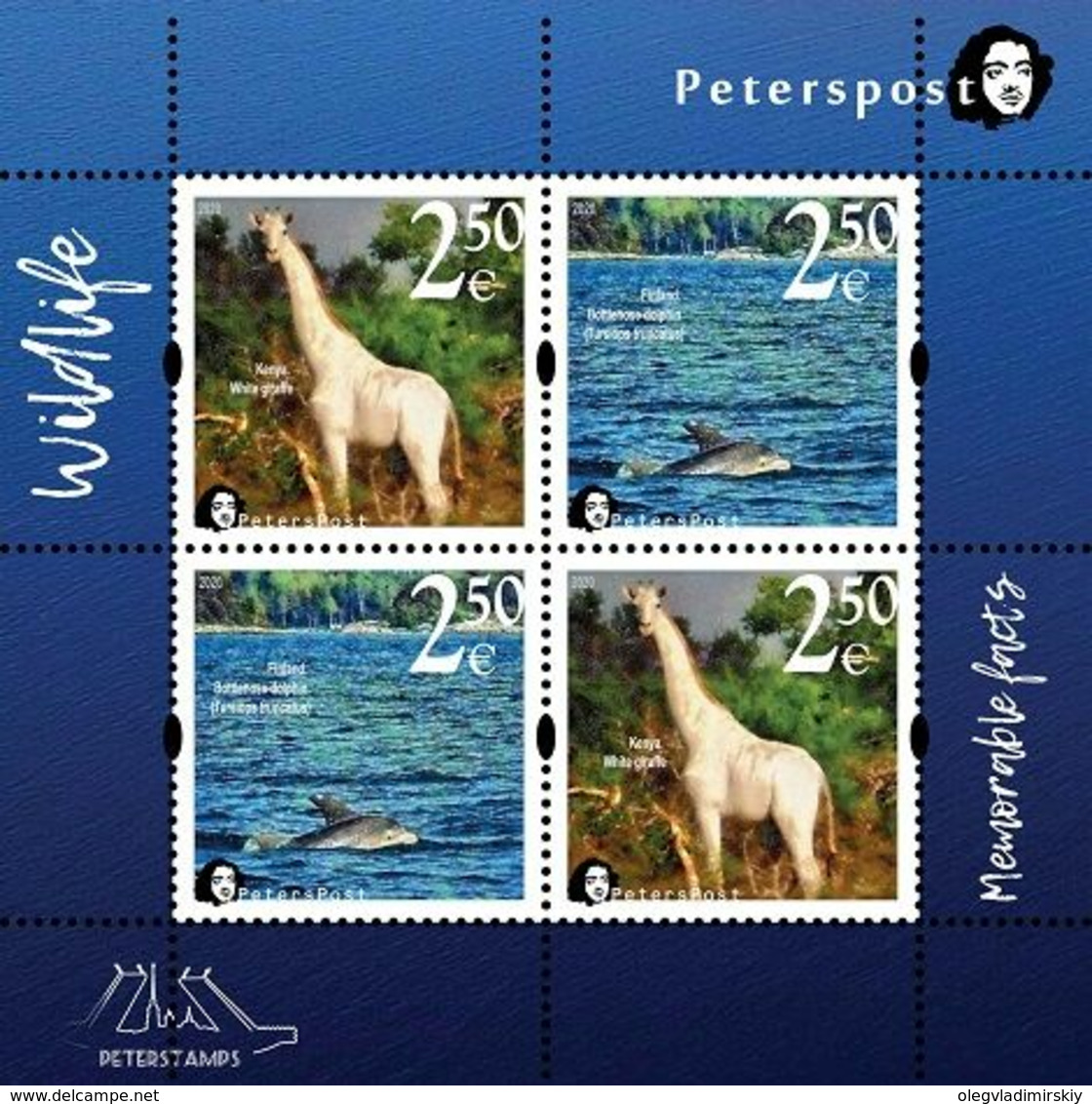 Finland. Peterspost. Fauna. Wild Life. "Memorable Facts", White Giraffe And Bottlenose Dolphin, 2020, Block - Neufs