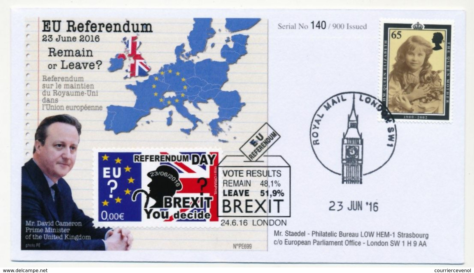 GRANDE BRETAGNE - 3 Env. FDC - 90° Birtaday + Vignette "Referendum Day" BREXIT You Decide - 2016 - 1991-2000 Dezimalausgaben