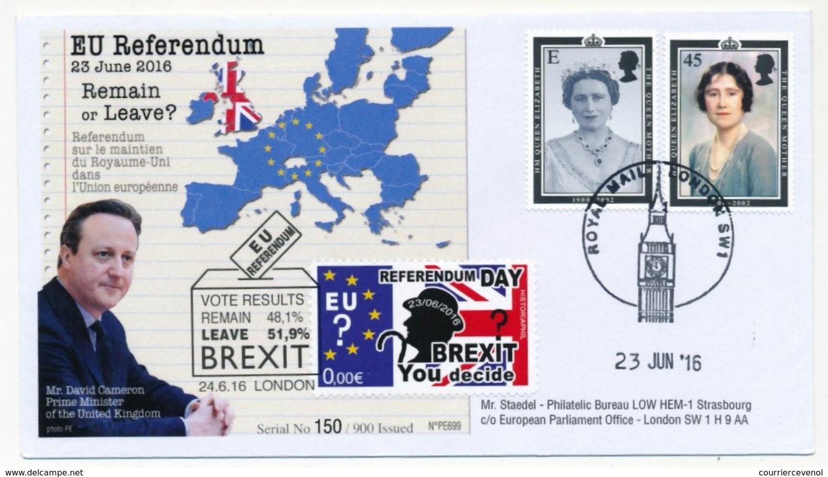 GRANDE BRETAGNE - 3 Env. FDC - 90° Birtaday + Vignette "Referendum Day" BREXIT You Decide - 2016 - 1991-00 Ediciones Decimales