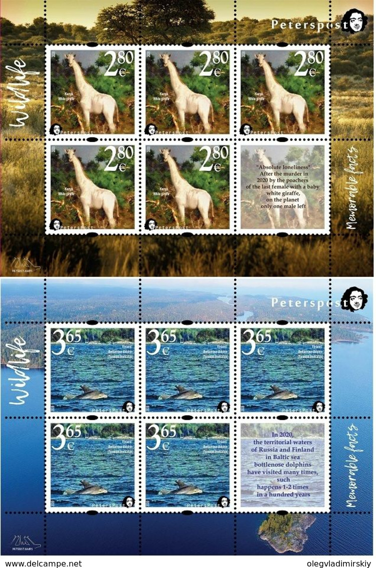 Finland. Peterspost. Fauna. Wild Life. "Memorable Facts", White Giraffe And Bottlenose Dolphin, 2020, Set Of 2 Sheetlets - Neufs