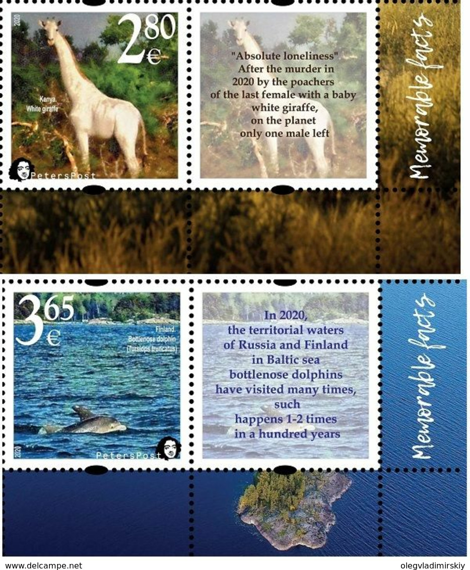 Finland. Peterspost.Wild Life."Memorable Facts", White Giraffe And Bottlenose Dolphin, 2020, Set Of 2 Stamps With Labels - Ungebraucht