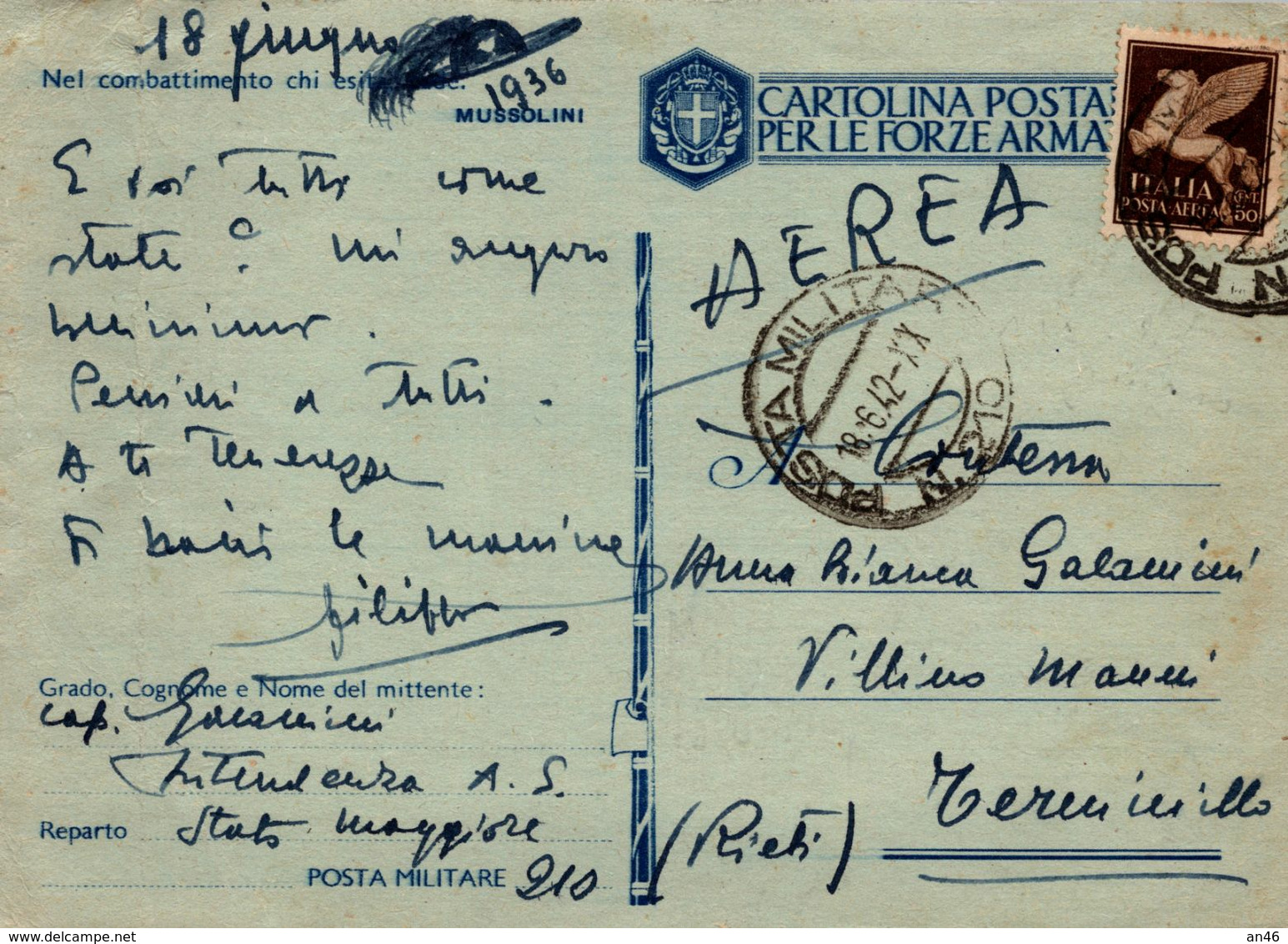 Storia Postale-" CARTOLINA POSTALE PER LE FORZE ARMATE-Posta Aerea 18-6-1942-n°210 - Verzamelingen