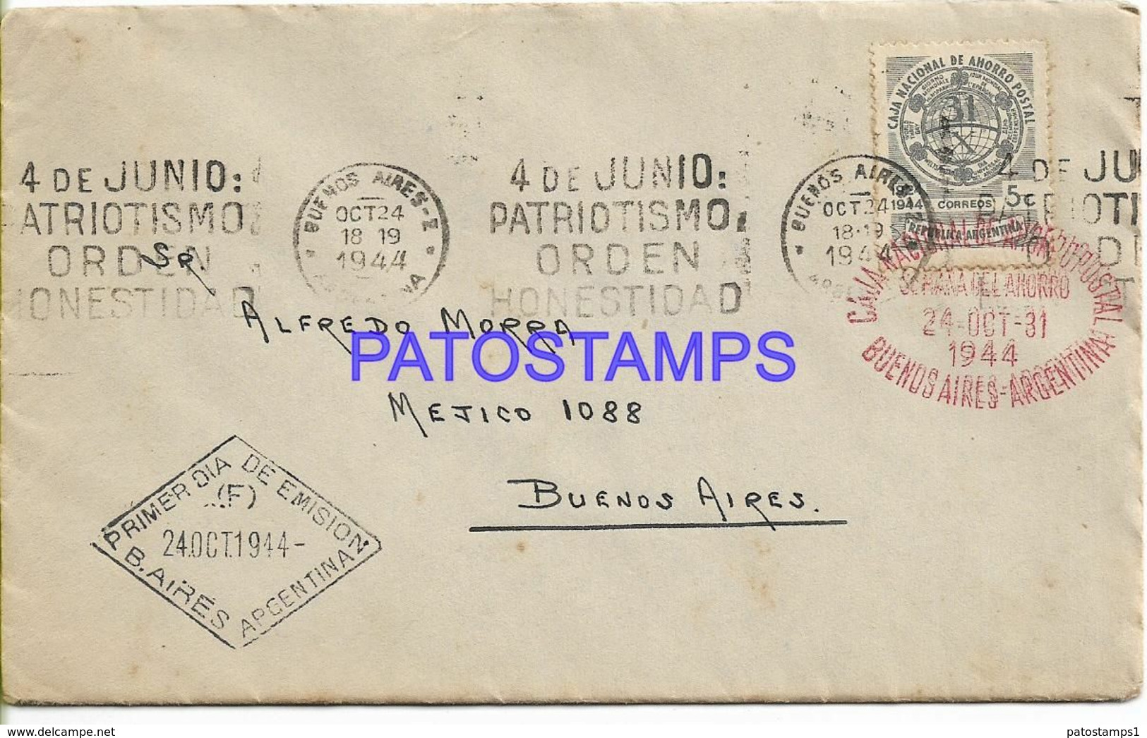 142418 ARGENTINA BUENOS AIRES COVER CANCEL 1º DIA DE EMISION CAJA NACIONAL DE AHORRO YEAR 1944 NO POSTCARD - Autres & Non Classés