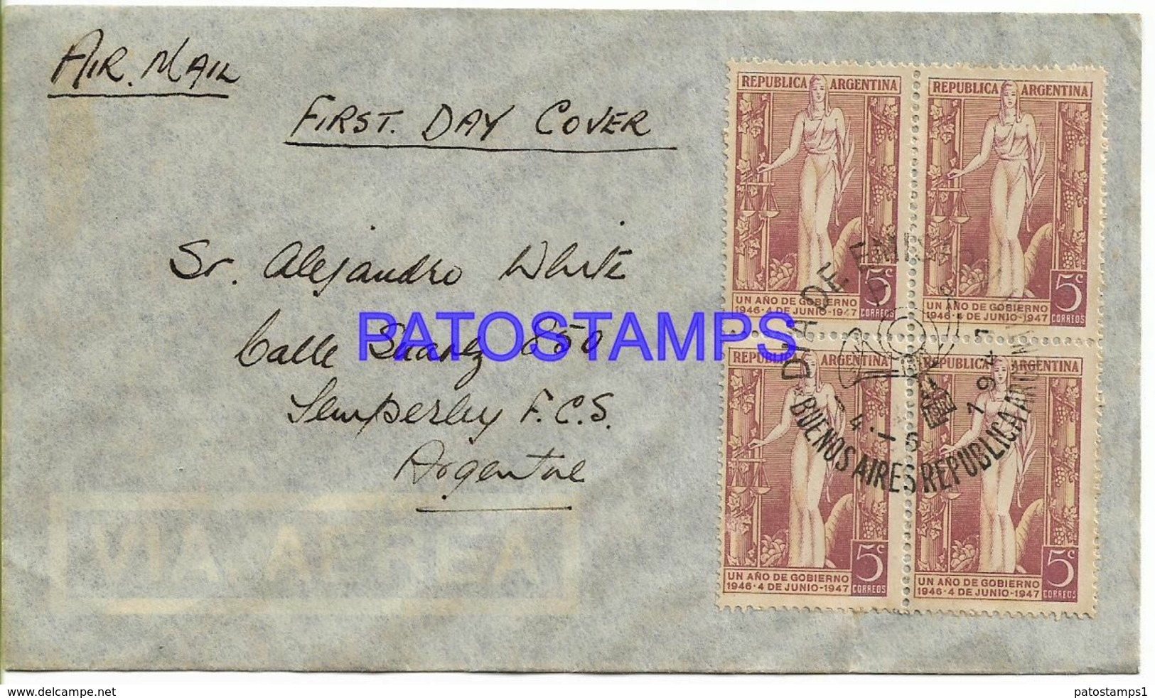 142419 ARGENTINA BUENOS AIRES COVER CANCEL 1º DIA DE EMISION YEAR 1947 CIRCULATED TO TEMPERLEY NO POSTCARD - Sonstige & Ohne Zuordnung