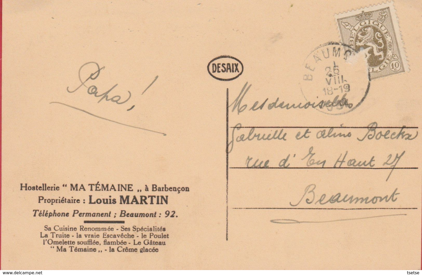 Barbençon - Hostellerie " Ma Témaine "  - Propr : Louis Martin - Oldtimer - 1932 ( Voir Verso ) - Beaumont