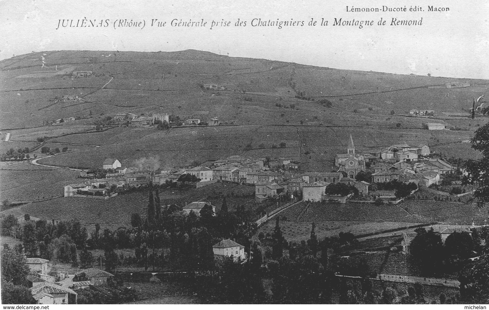 CPA    69   JULIENAS---VUE GENERALE PRISE DES CHATAIGNIERS DE LA MONTAGNE DE REMOND.---1913 - Julienas