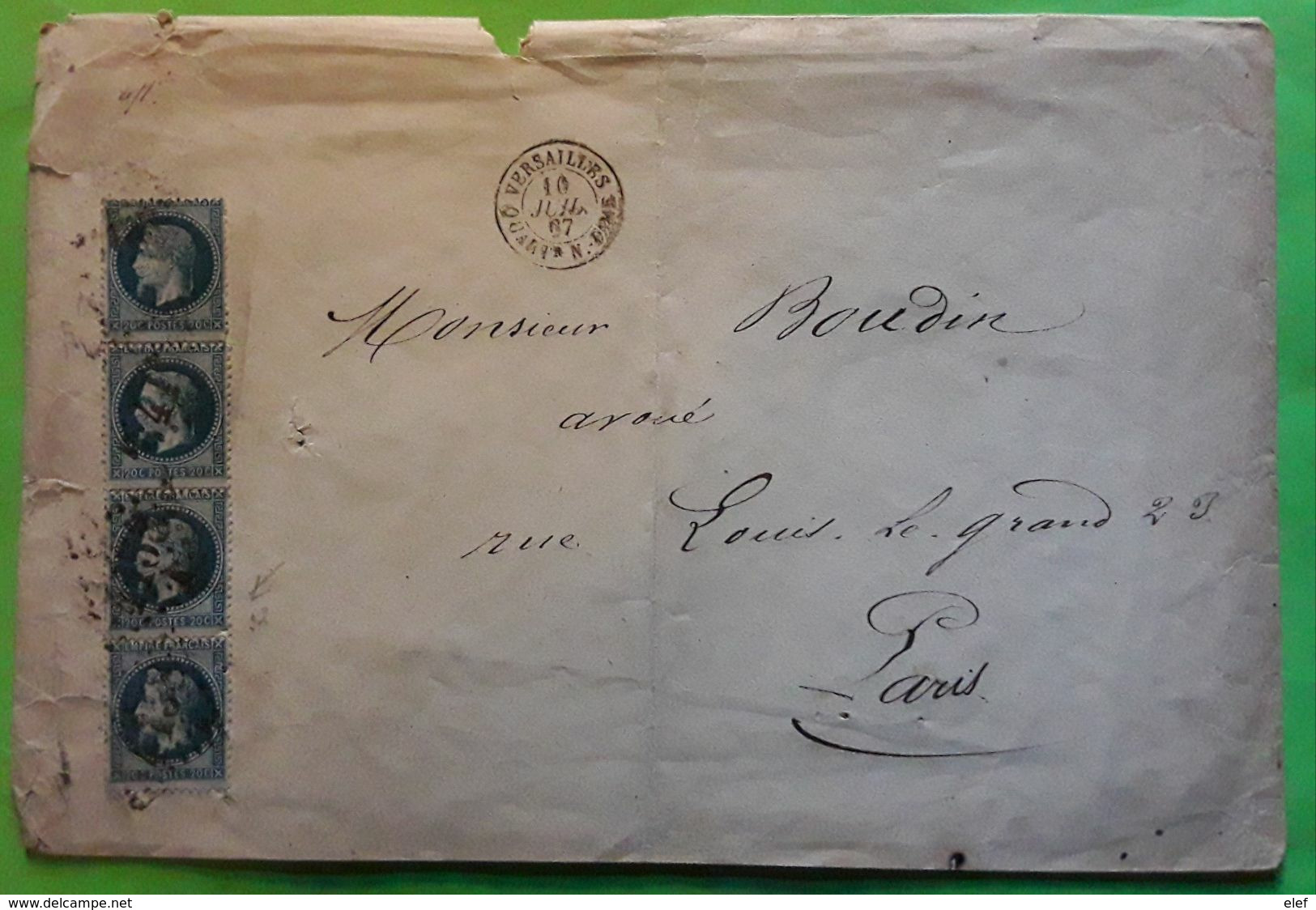 Lettre De VERSAILLES QUARTIER NOTRE DAME,  Bande De 4 Empire Lauré No 29 O GC 4158 ,10 Juillet 1867 > Paris,  TB - 1849-1876: Classic Period