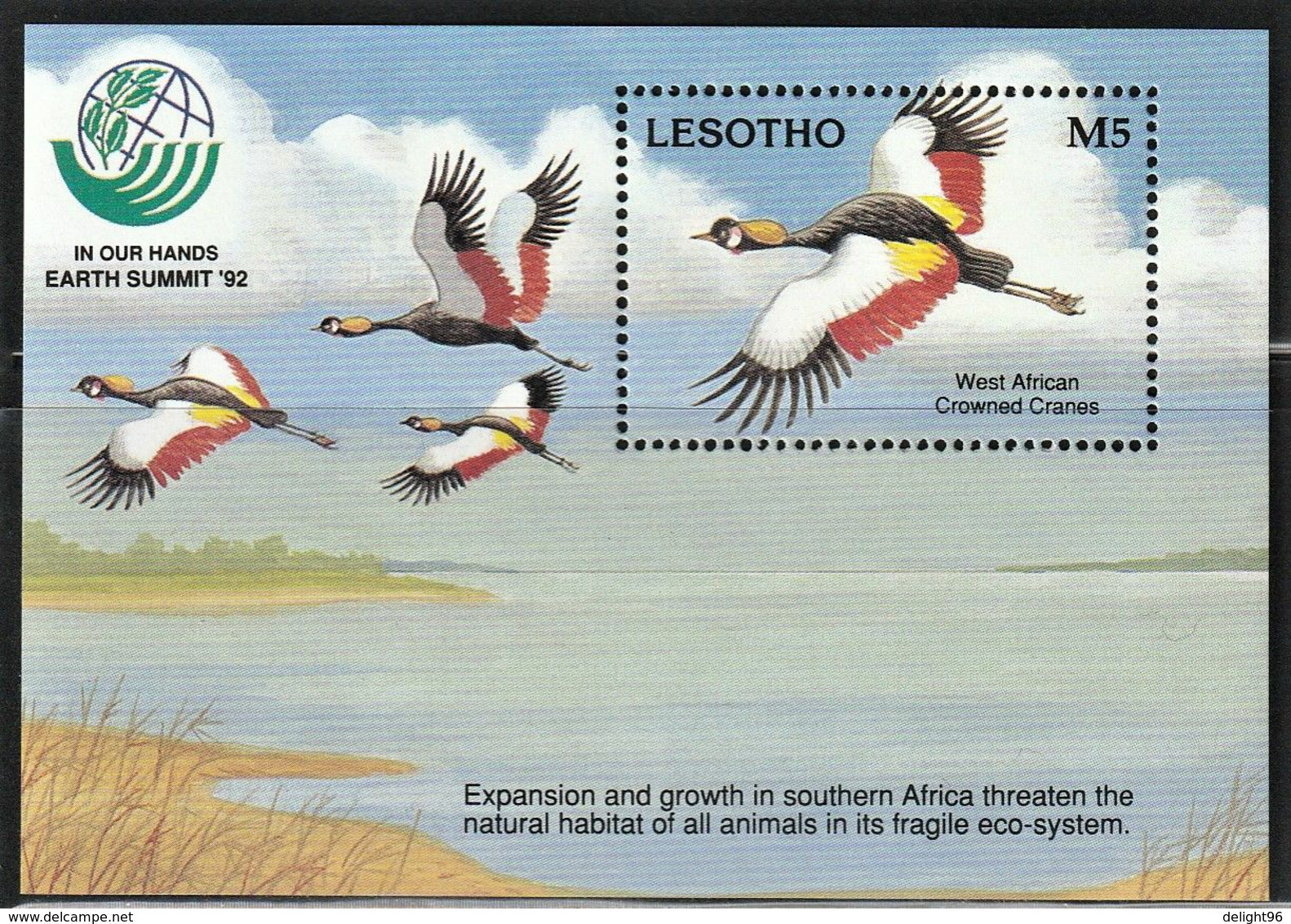 1993 Lesotho UN Earth Summit: West African Crowned Cranes Souvenir Sheet (** / MNH / UMM) - Grues Et Gruiformes