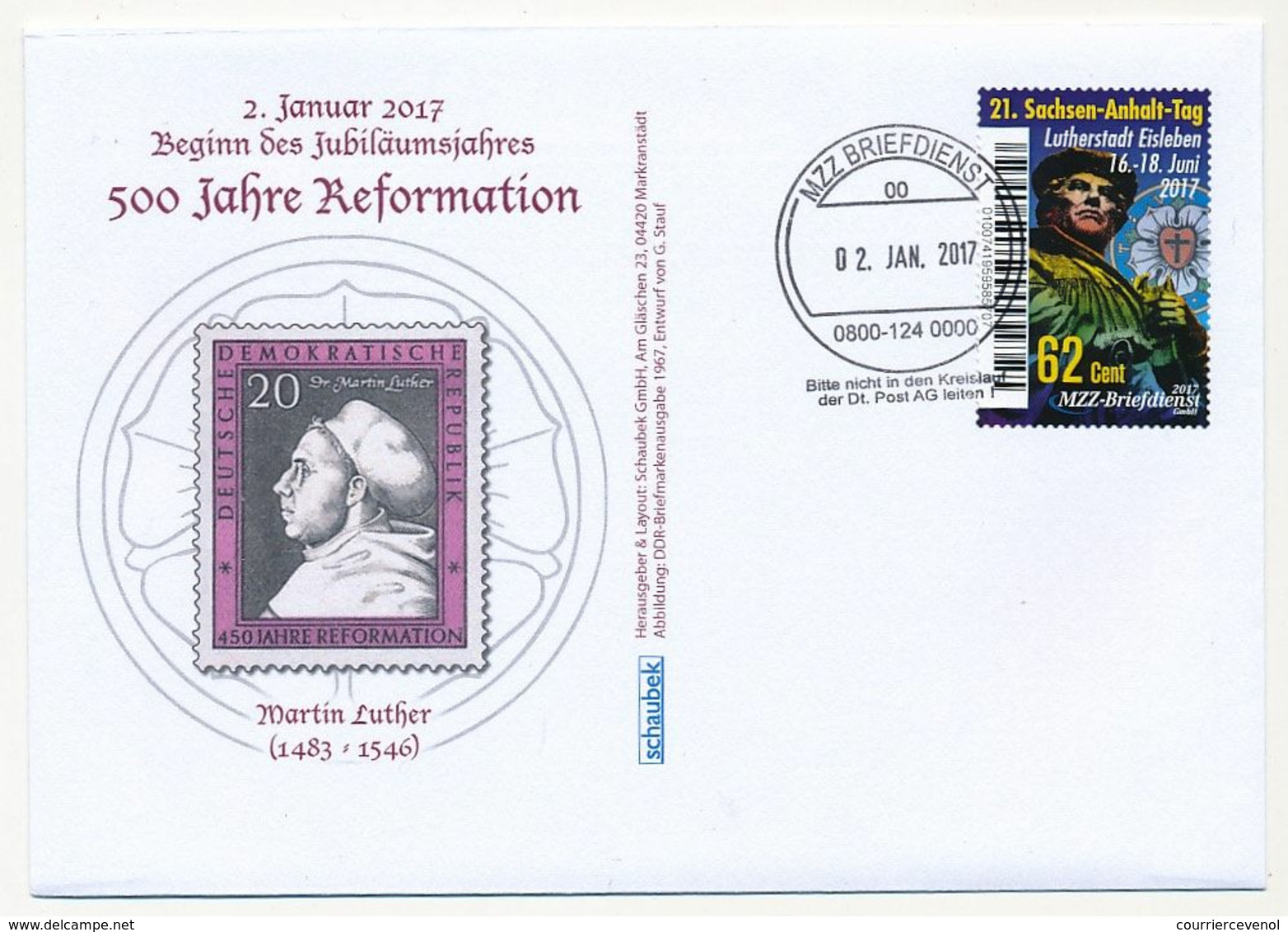 ALLEMAGNE - Poste Privée MZZ - Enveloppe FDC Martin Luther / 500° Anniversaire Réforme - 2/1/2017 - Cristianismo