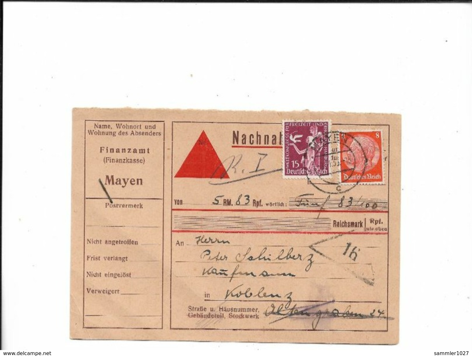 Nachnahmekarte Aus Mayen Nach Koblenz 1935 - Briefe U. Dokumente