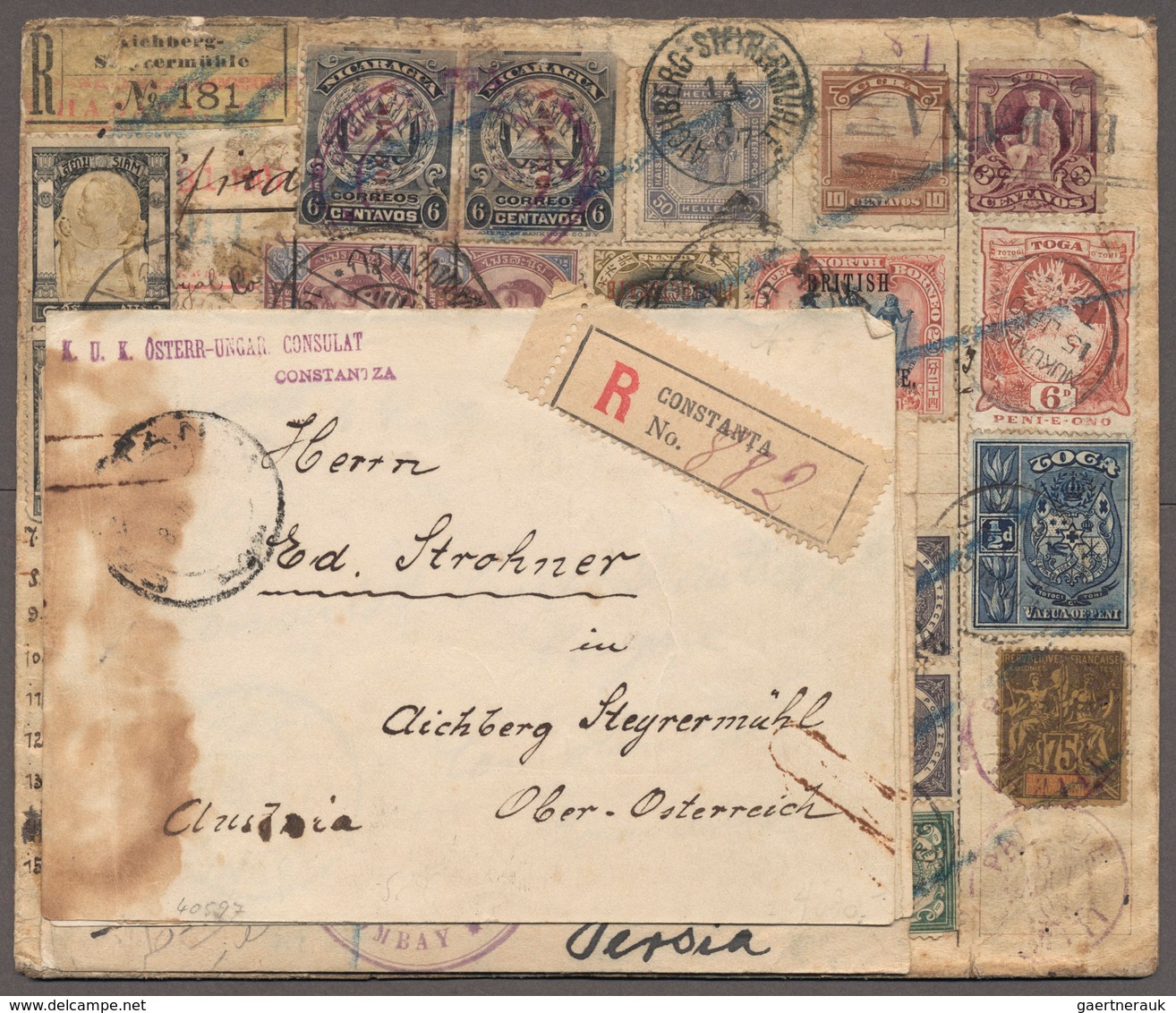 Tahiti: 1907 R-Brief Aus Österreich Als Einschreiben-Irrläufer Mit Etlichen Exotischen Ländern Wie Z - Tahití