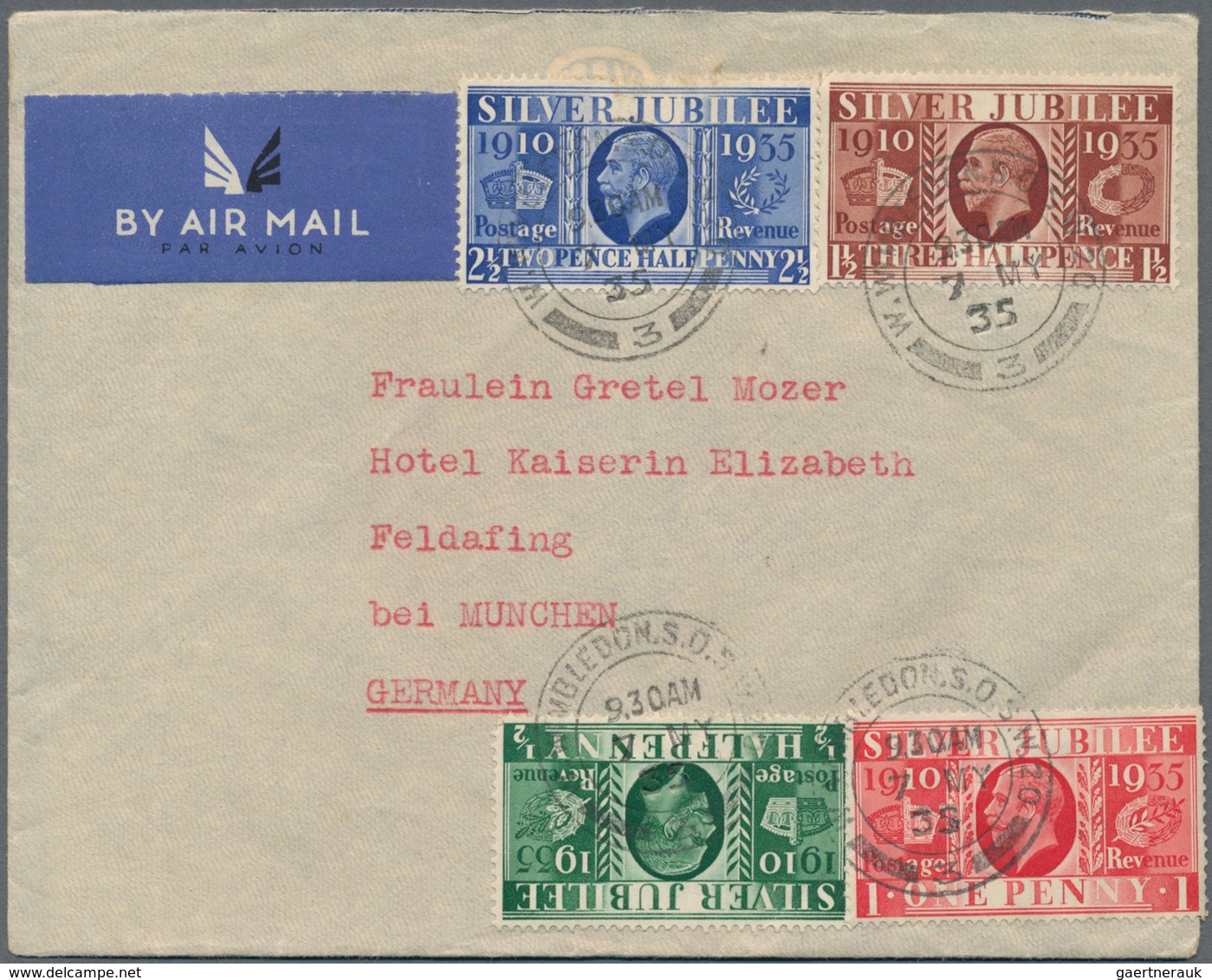Großbritannien: 1935, Silver Jubilee, Complete Set (1d. Slightly Attached "over Edge") On Airmail F. - Zonder Classificatie