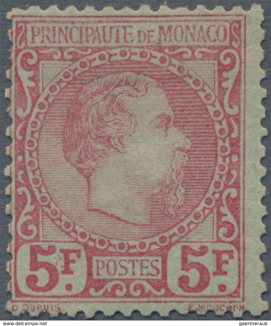 Monaco: 1885, Definitives Charles, 5fr. Carmine On Greenish, Fresh Colour And Well Perforated, Mint - Neufs