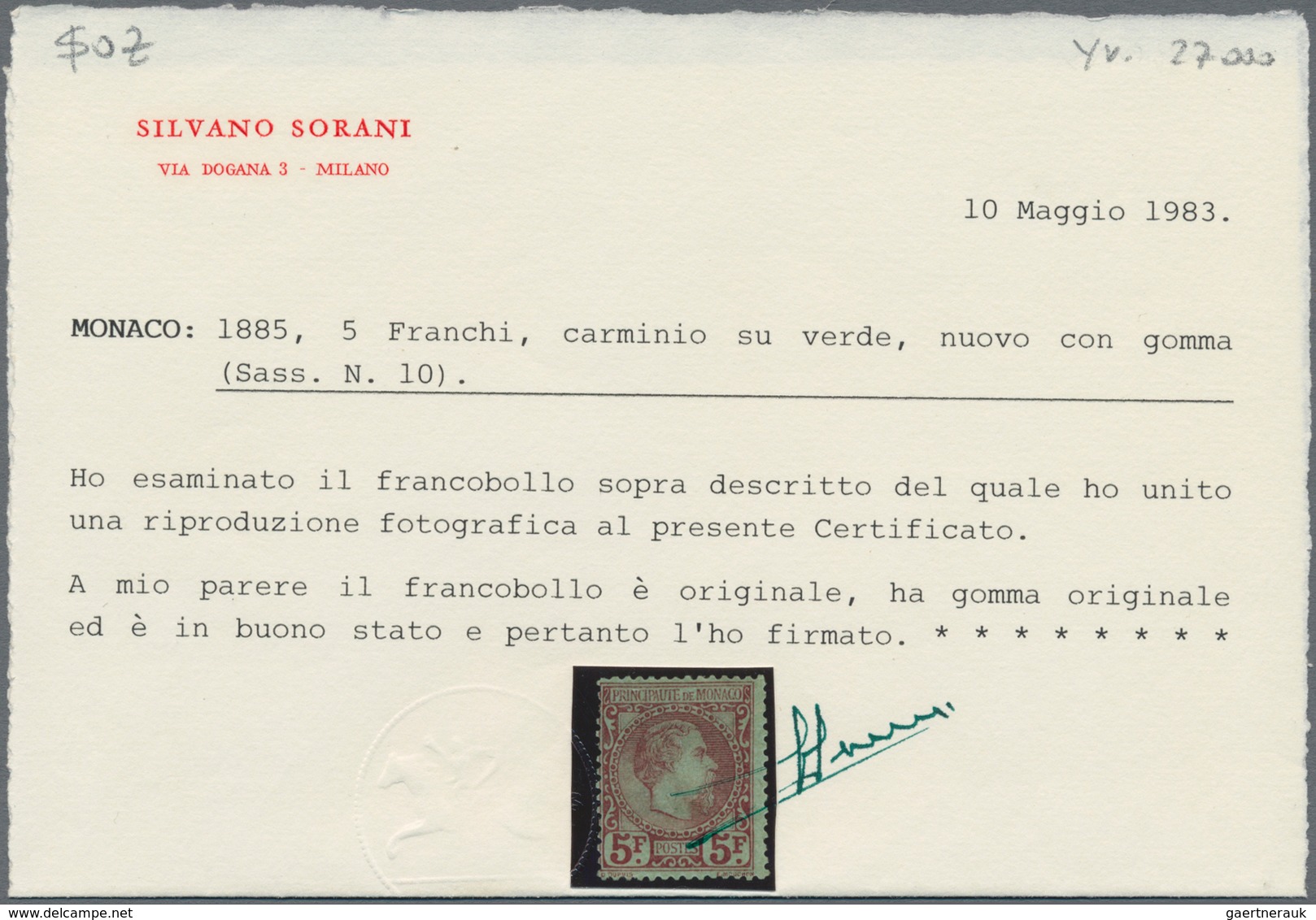 Monaco: 1885, Definitives Charles, 5fr. Carmine On Greenish, Fresh Colour And Well Perforated, Mint - Neufs