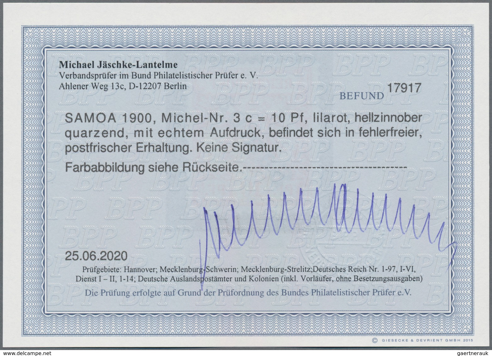 Deutsche Kolonien - Samoa: 1900. 10 Pf Krone/Adler, Lilarot, Aufdruck. Befund Jäschke-L. BPP (2020): - Samoa