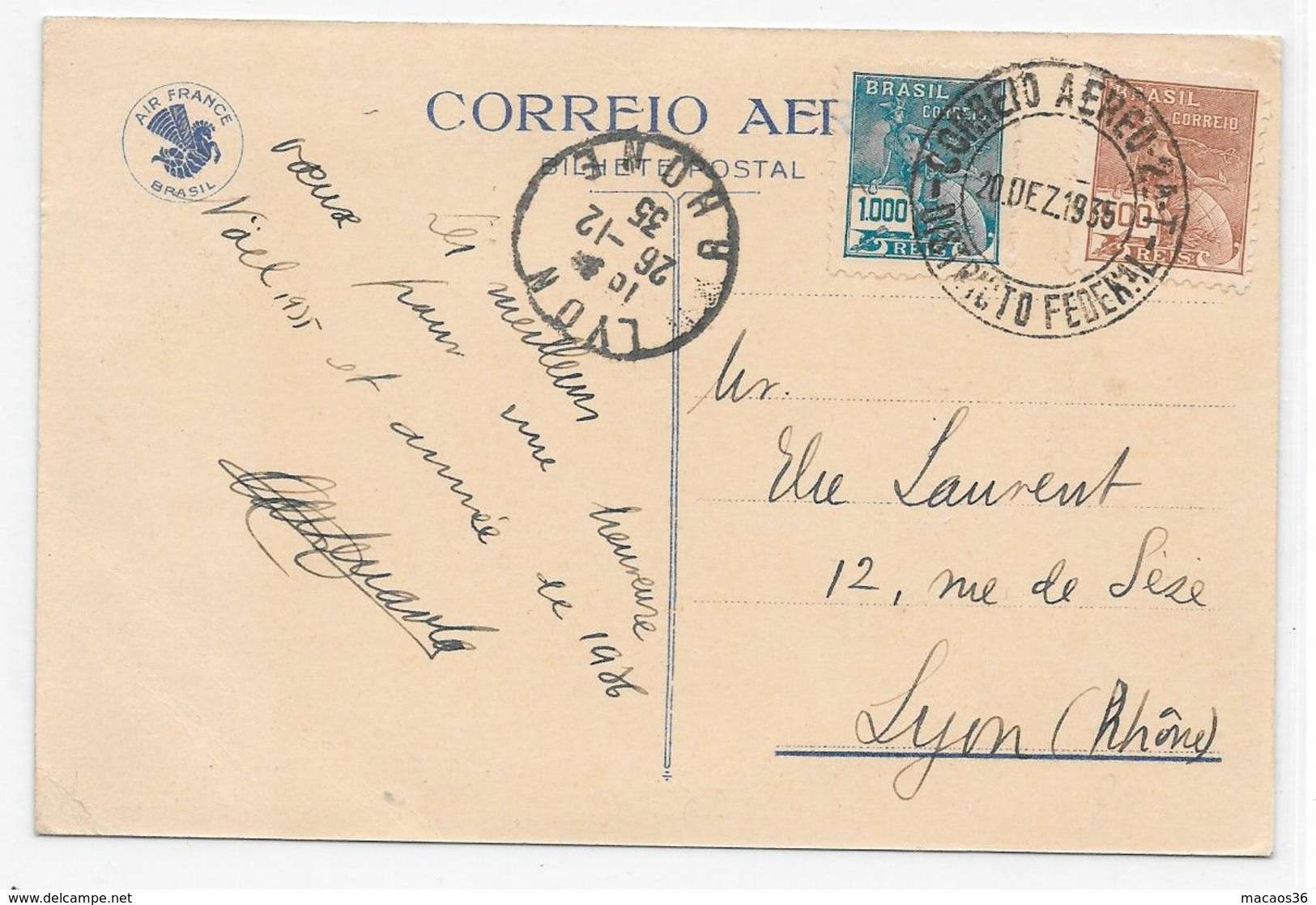 Ligne MERMOZ - AIR FRANCE 1935 Felicidades Greetings Bonne Année BRESIL FRANCE PAR AVION - 16 - Aerei