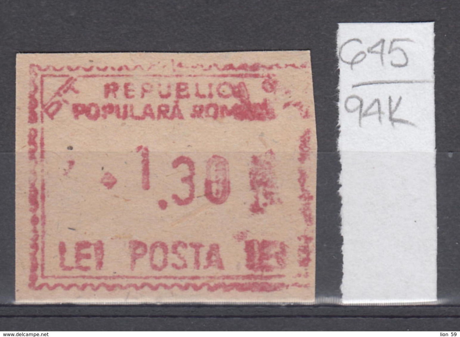 94K645 /  Machine Stamps (ATM) - 1.30 Lei - Republica Populara Romana , Romania Rumanien Roumanie Roemenie - Máquinas Franqueo (EMA)