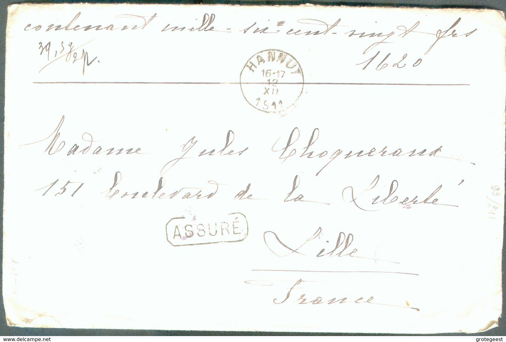 N°76-79 - 25 Centimes Et 1 Franc GROSSE BARBE, Obl. Sc HANNUT sur Enveloppe Du 12-XII-1911 En Double Port ('39,3grs/2') - 1905 Grosse Barbe