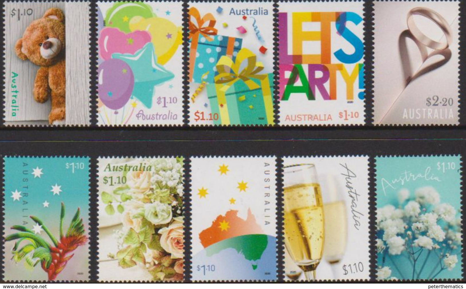 AUSTRALIA, 2020, MNH, JOYFUL OCCASIONS, CELEBRATIONS, DRINKS, CHAMPAGNE, FLOWERS, TEDDY BEARS, 10v - Other & Unclassified