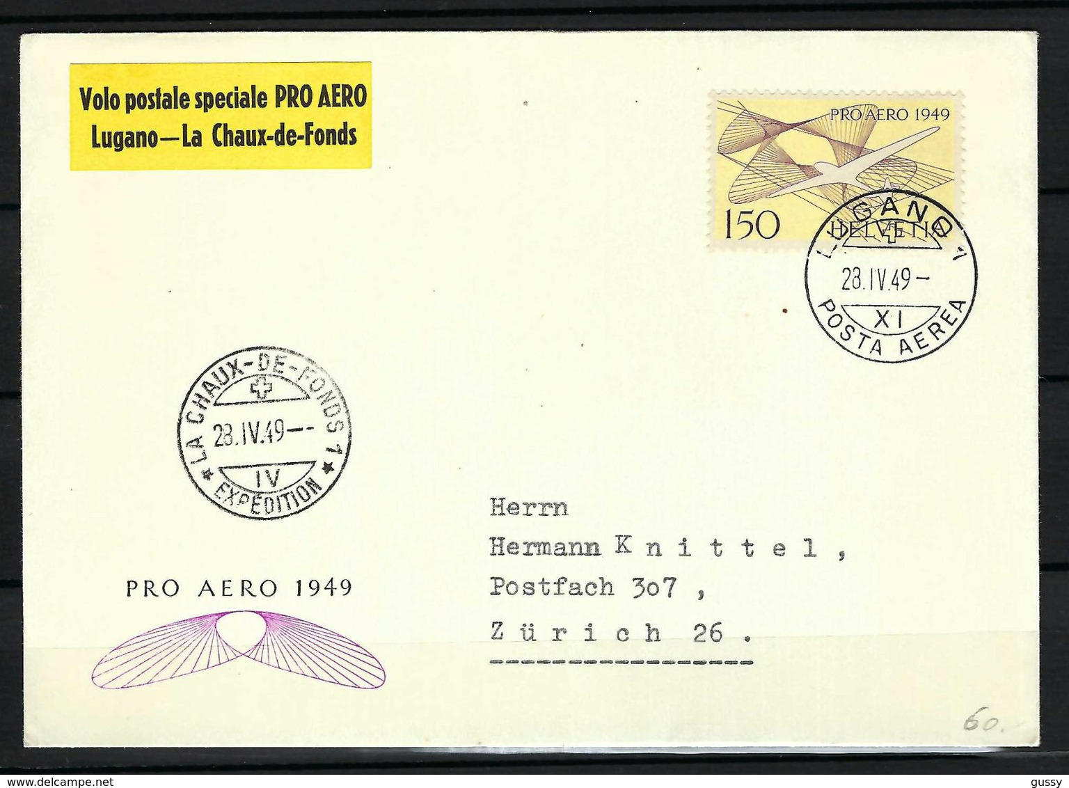 SUISSE Poste Aérienne 1949: LSC Illustrée De Lugano Pour Zürich "Vol Postal Spécial" Le ZNr. F45,  Obl. CAD Spéciaux - Other & Unclassified