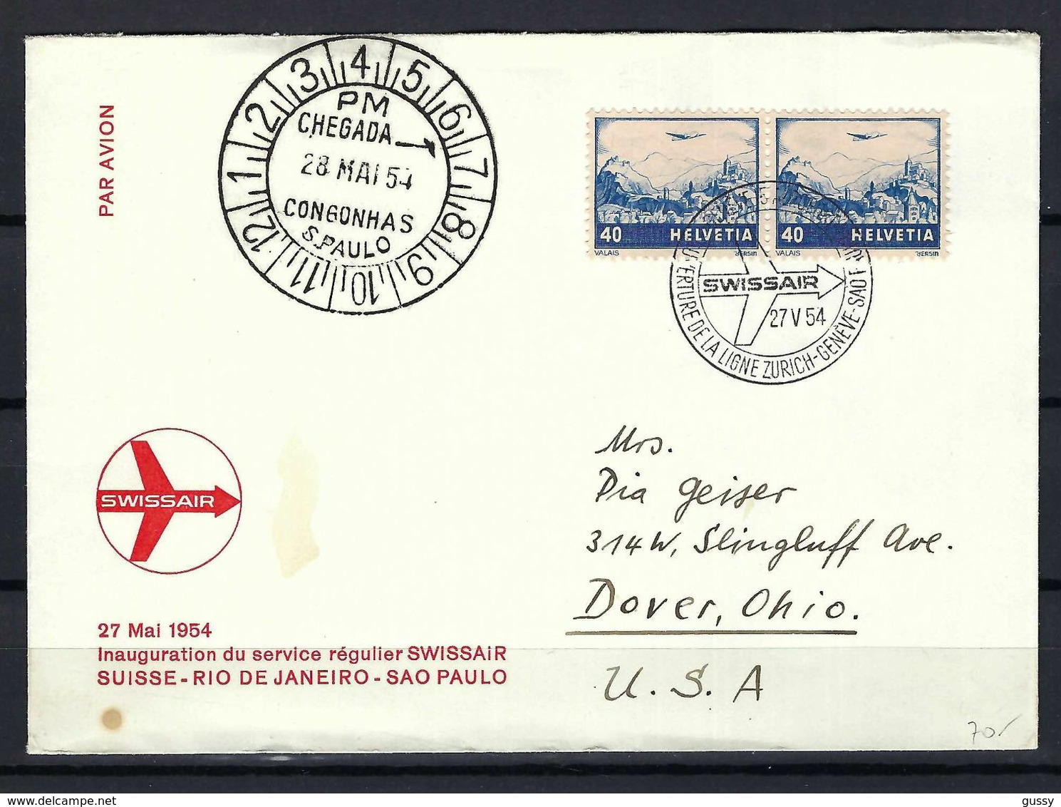 SUISSE 1954: LSC Rec. De Zürich Pour Dover,Ohio (USA) Via ''Vol Genève-Sao Paulo" Avec Paire Du ZNr. F44c,F32,  Obl. CAD - First Flight Covers