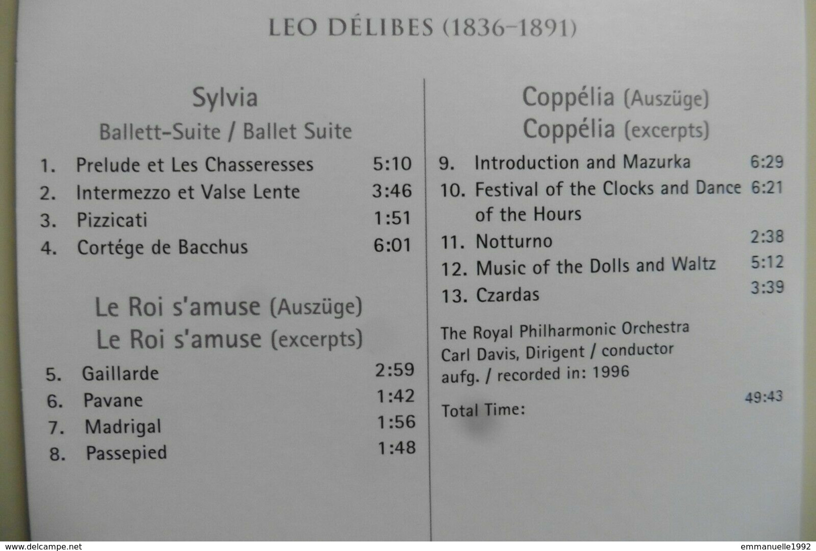 CD Léo Delibes Musiques De Ballets Sylvia, Coppélia Et Le Roi S'amuse - Klassik