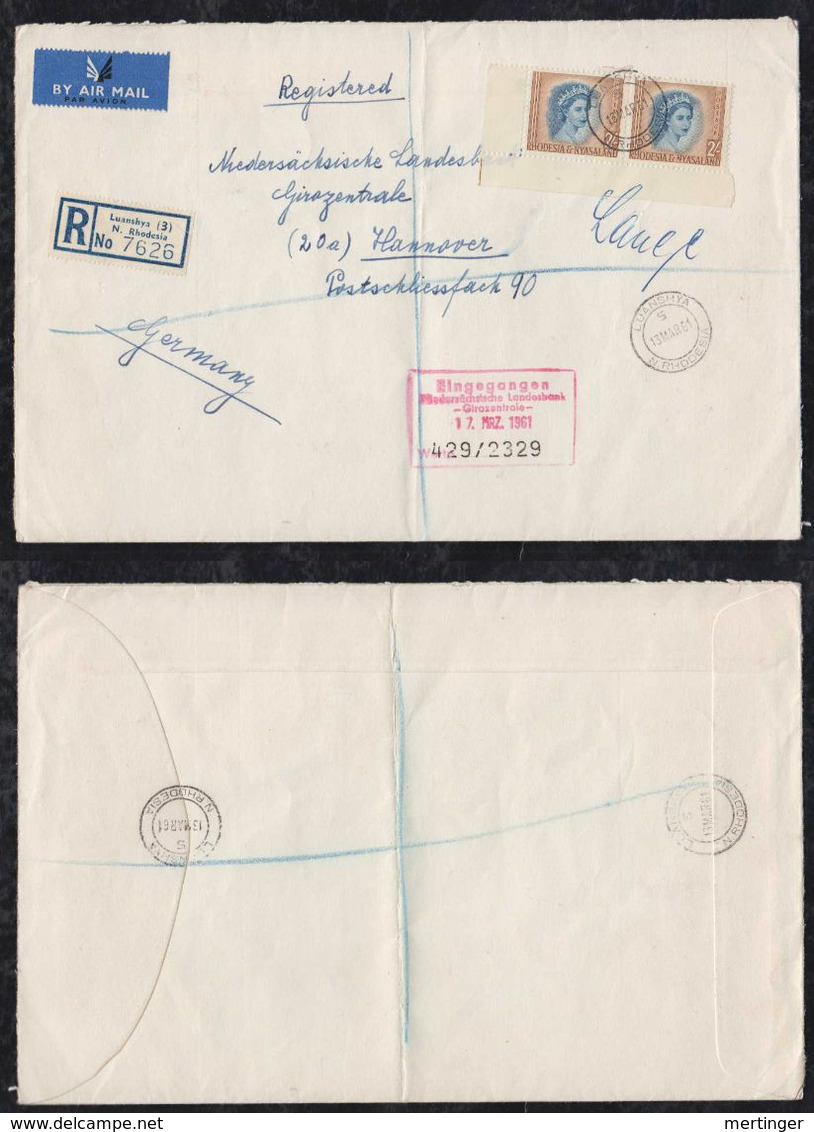 Rhodesia Nyasaland 1961 Registered Airmail Cover LUANSHYA To HANNOVER Germany 2sh Corner Margin - Rhodesia & Nyasaland (1954-1963)
