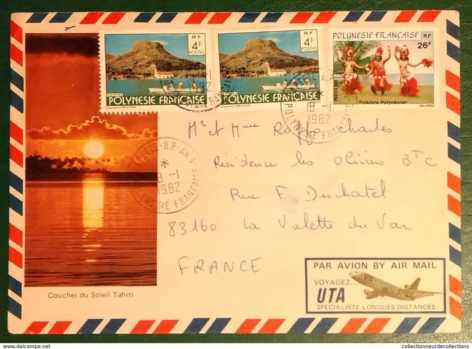 Timbre YT 165 Folklore Sur Lettre AVION + 2x4fr Raiatea + Cachet PAPEETE - R.P.- AN.1 POLYNESIE FR.. 1982 - Otros - Oceanía