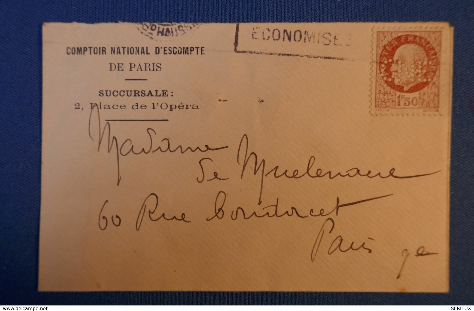 471 PETITE LETTRE 1943 PARIS PL OPERA POUR RUE CONDORCET VII +++  PETAIN TIMBRE PERFORé + CACHET PUBLICITé - Brieven En Documenten